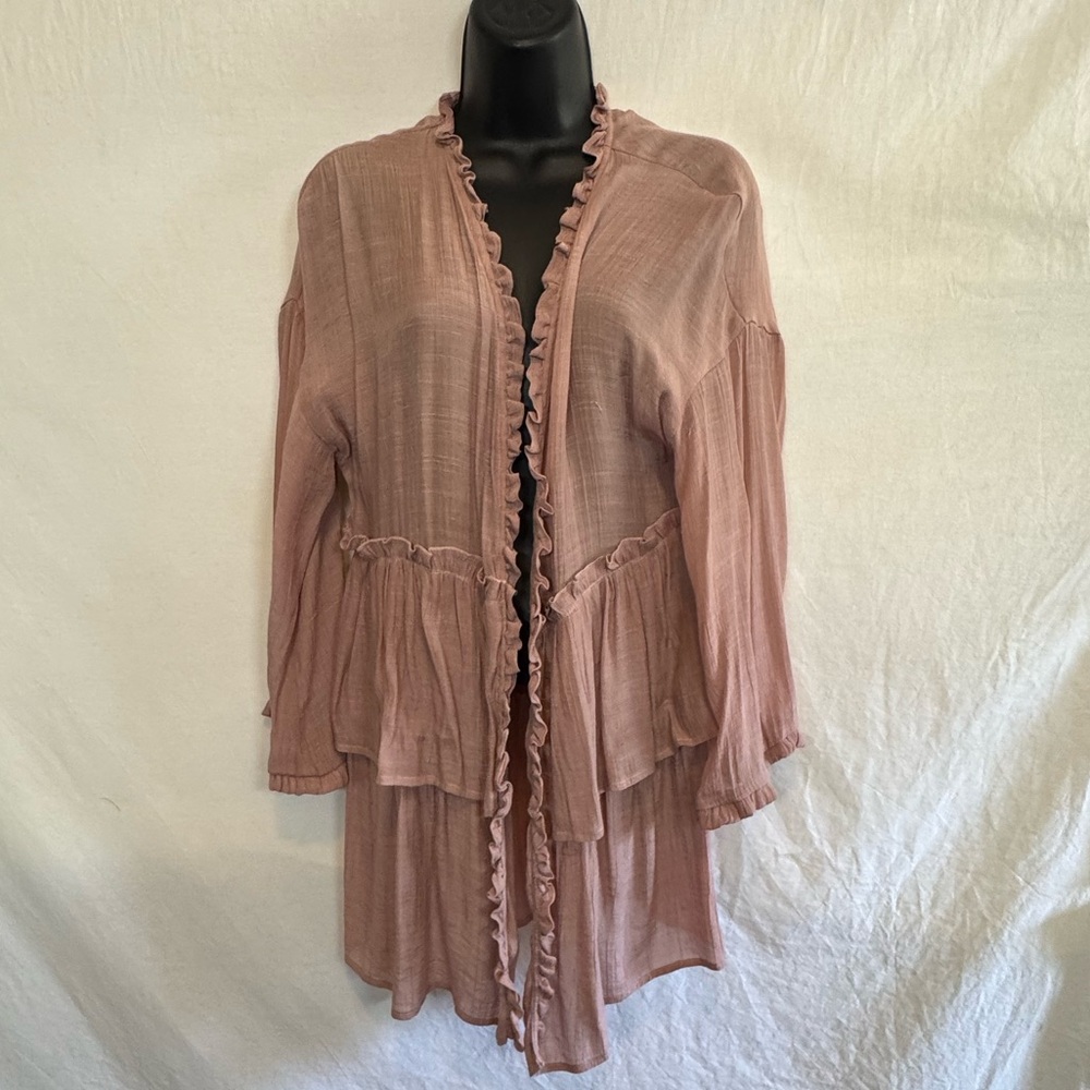 A-28 Jodifl Pink Ruffled 3/4 Sleeve Open‎ Lightweight Long Suit Jacket Size S